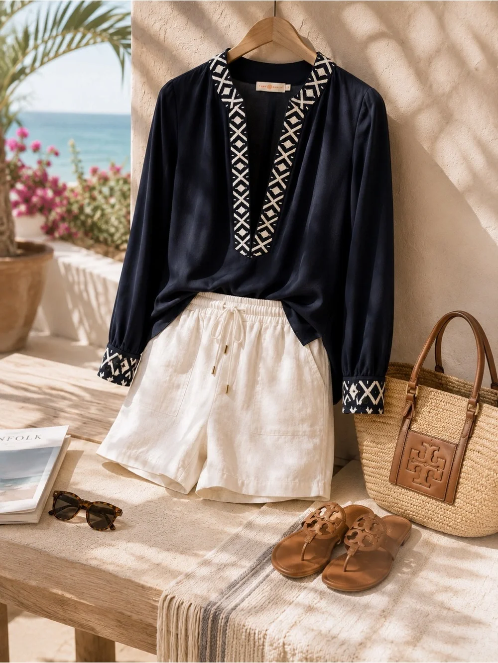 Tory Burch Navy Embroidered V-Neck Blouse